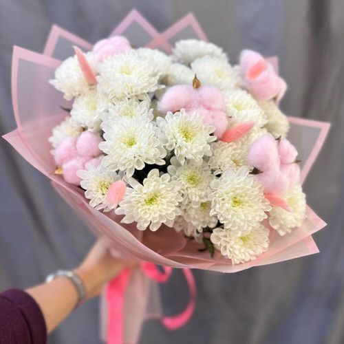 Букет цветов: хризантемы, хлопок (б0092)