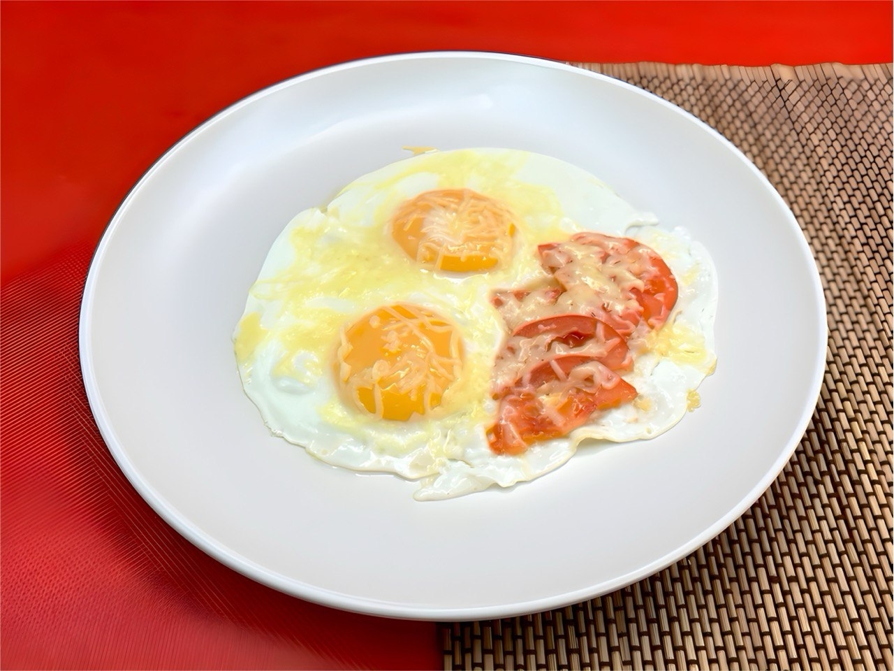 Яичница из 2х яиц с томатом и сыром