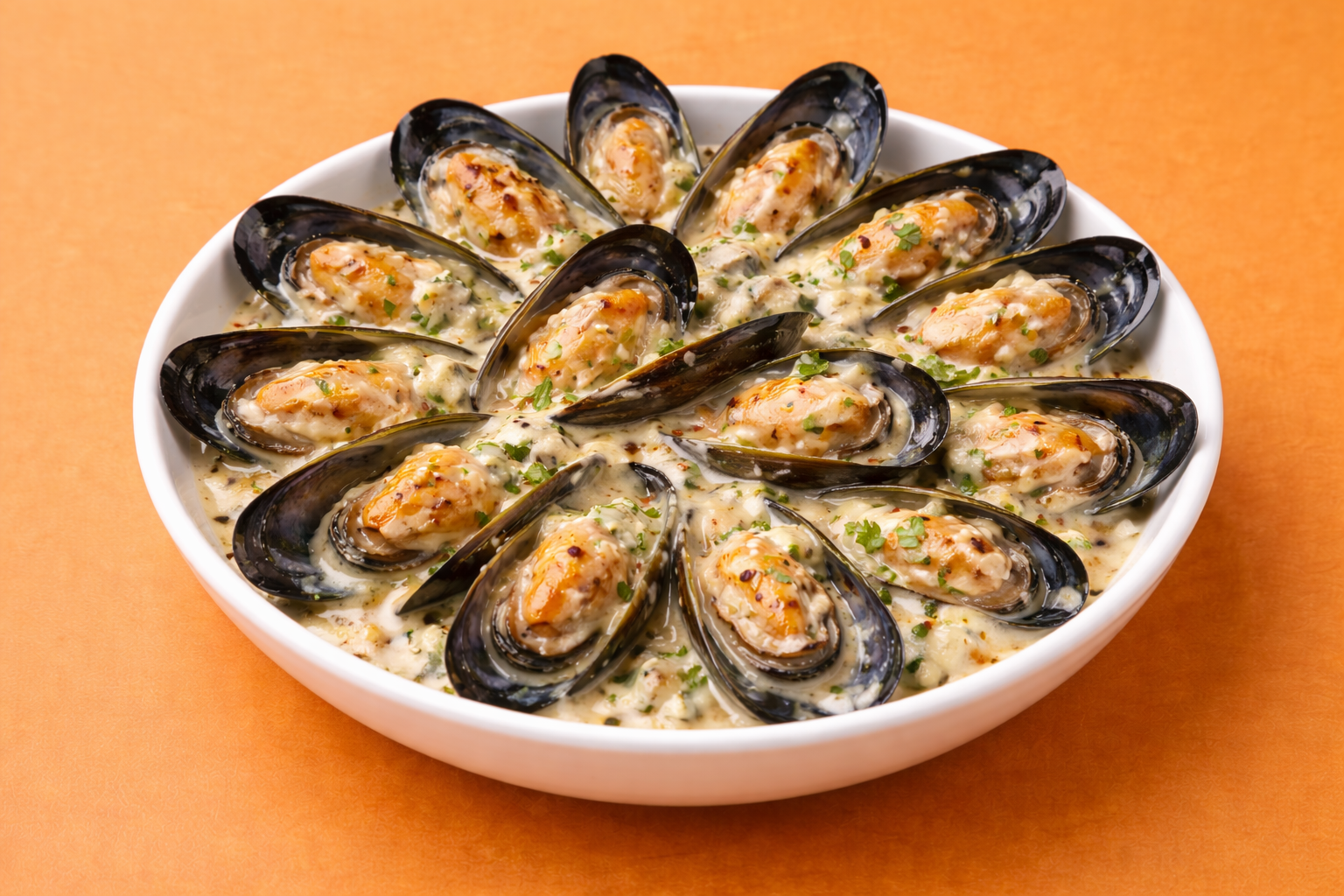 Мидии в створке в сырном соусе