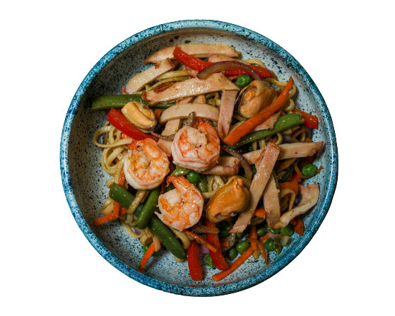 Вок с тигр.креветкой, морепрод.и овощами