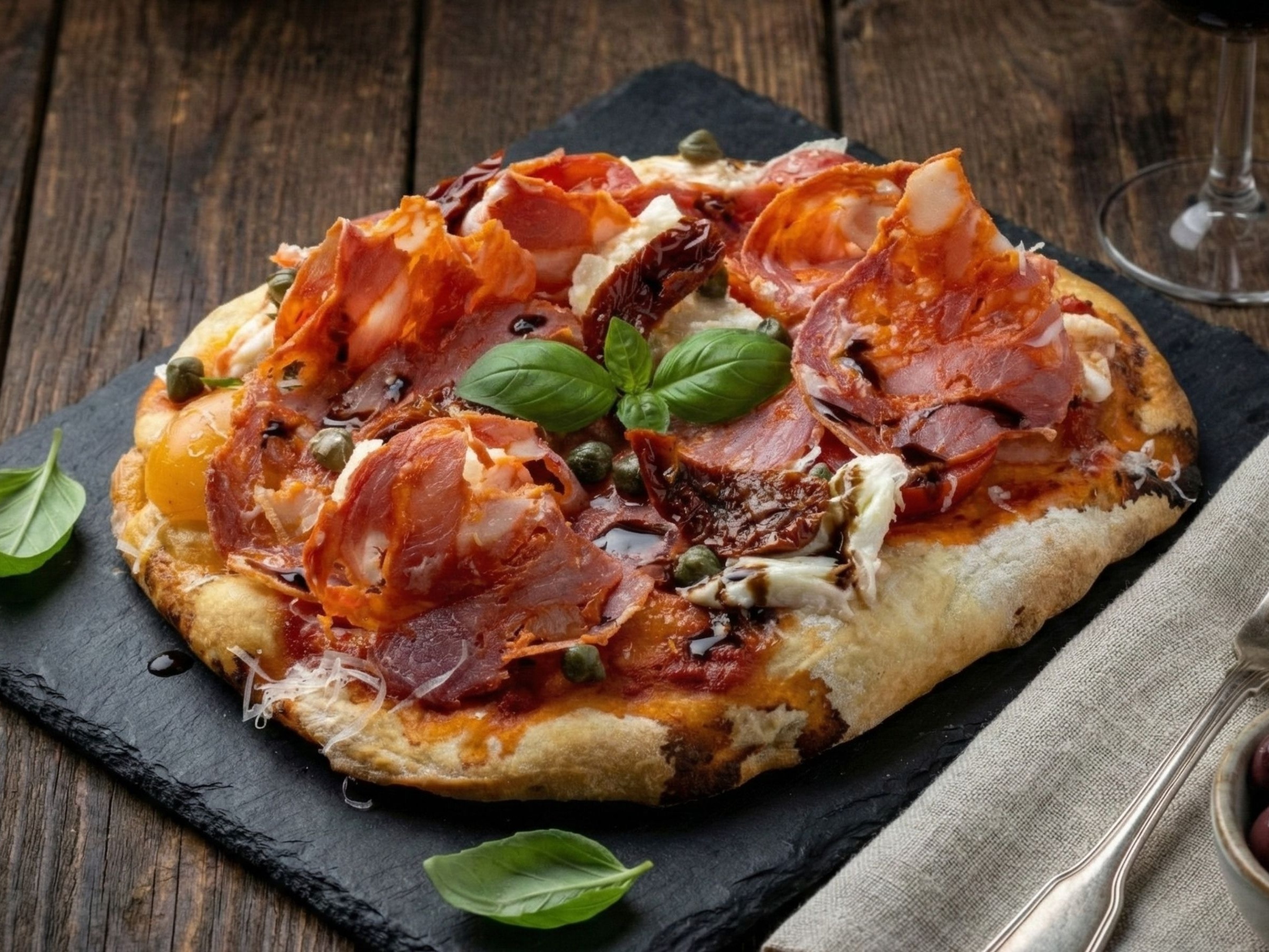 Римская пицца Пиканте (пикантная салями, моцарелла, томатный соус)