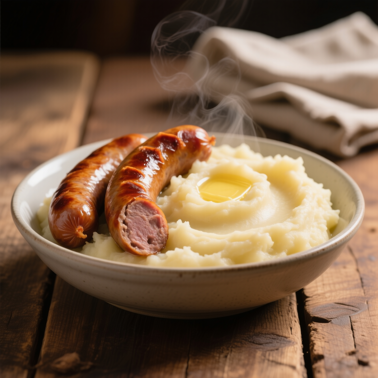 КАРТОФЕЛЬНОЕ ПЮРЕ С ГОВЯЖЬИМИ КОЛБАСКАМИ