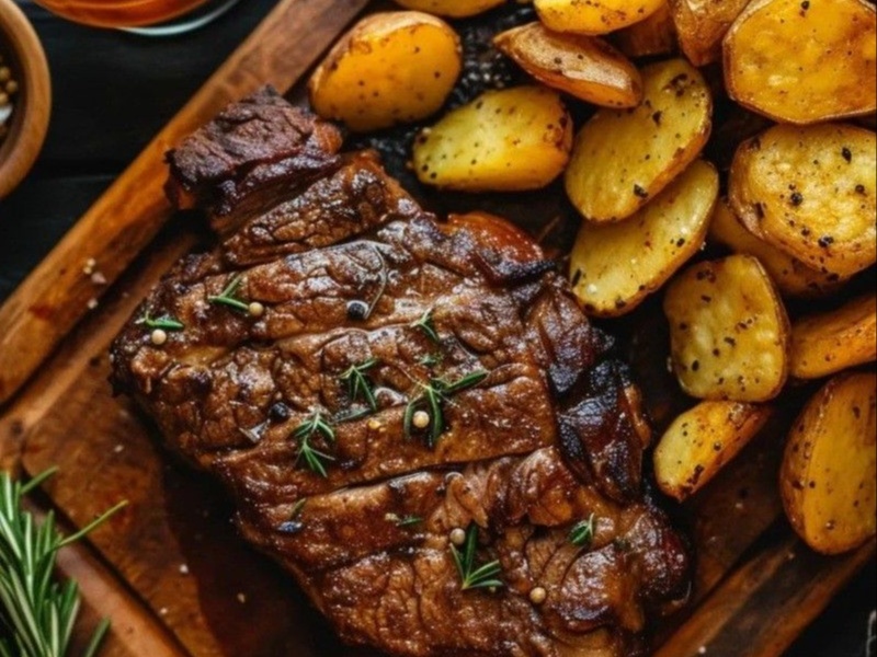 Стейк из свинины с картофелем по деревенски и свежими овощами