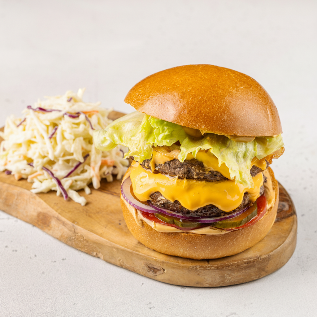 Бургер с двойной котлетой, жареным беконом, маринованным огурцом, красным луком и томатами