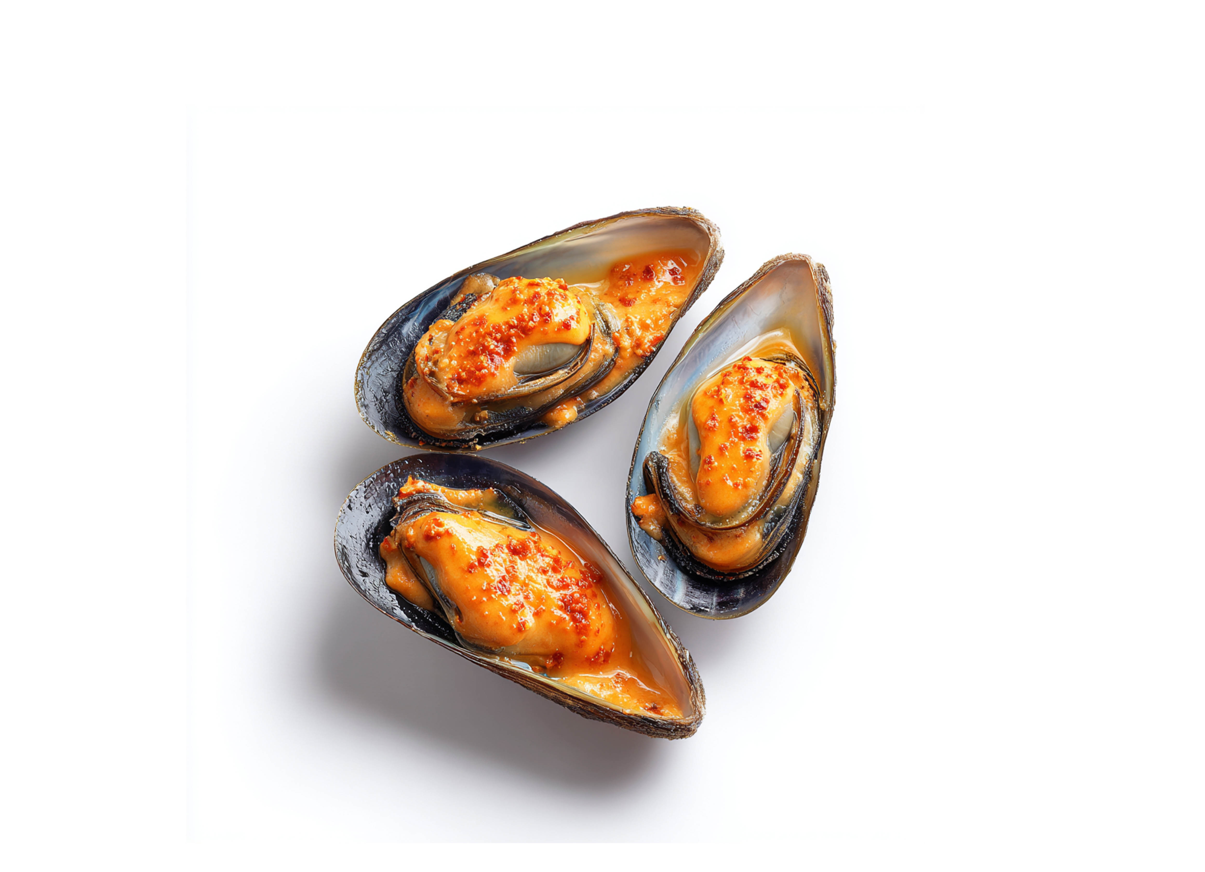 Мидии запеченные под соусом спайси