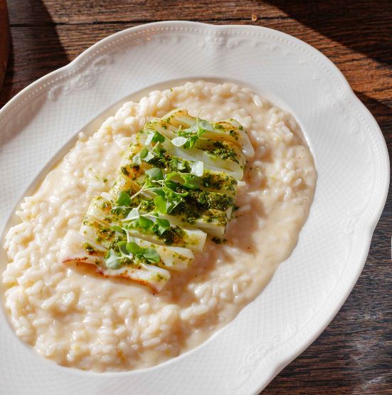 Ризотто-лимончелло с кальмаром и песто