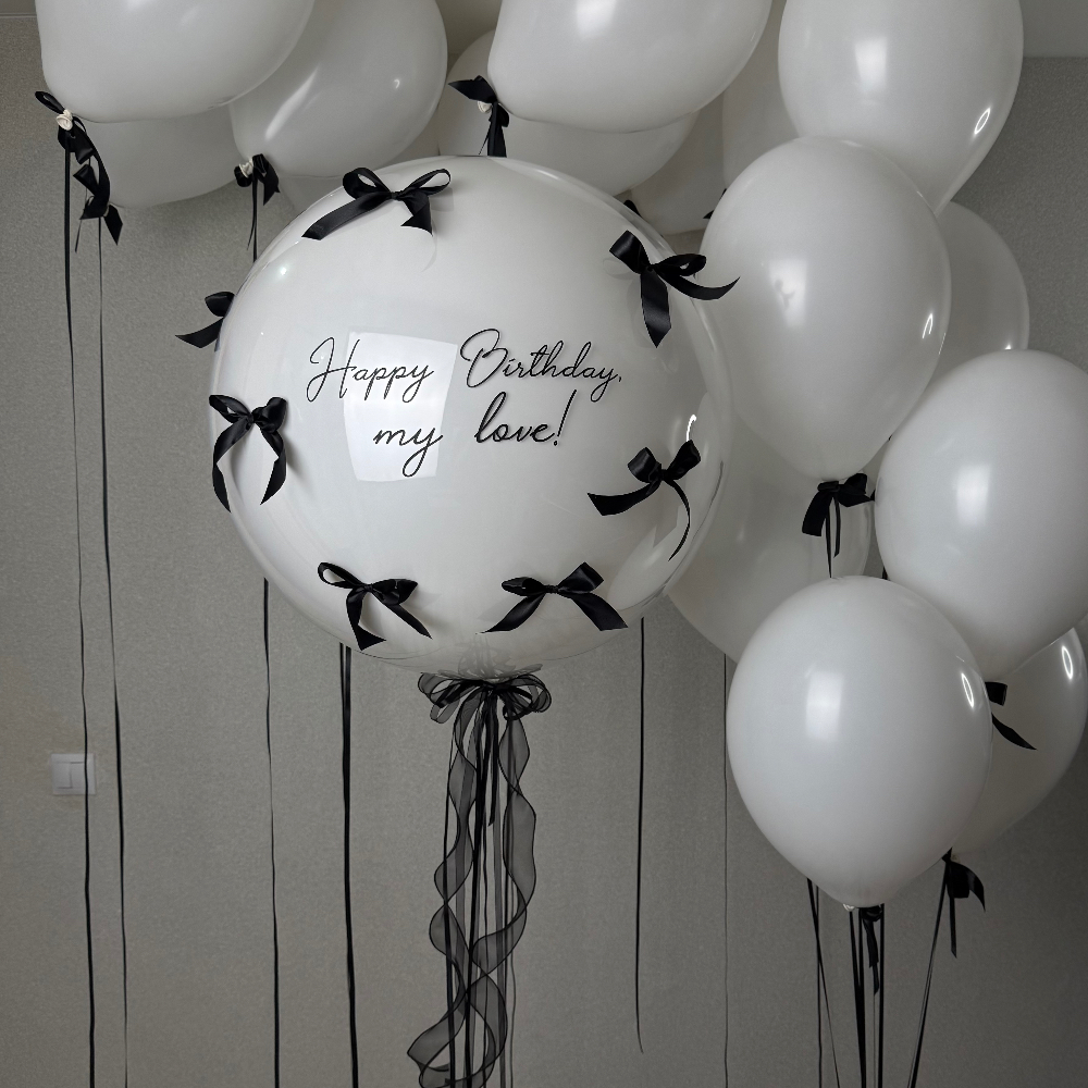 Стеклянный шар с любой надписью и бантиками, фонтан из 7 шаров и 10 шаров под потолок