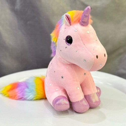 Мягкая игрушка Единорожка розовая, радужный хвост