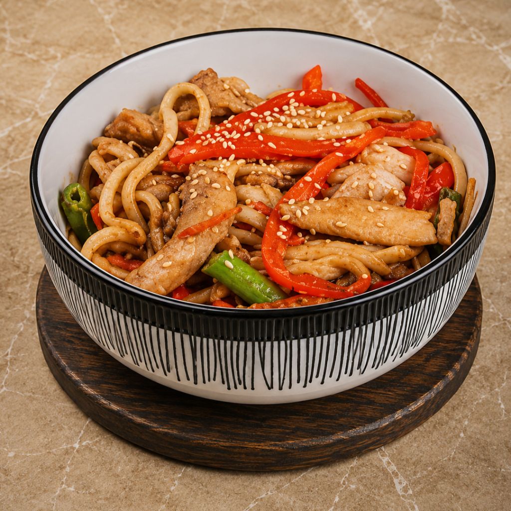 Wok с курицей, овощами и соусом терияки