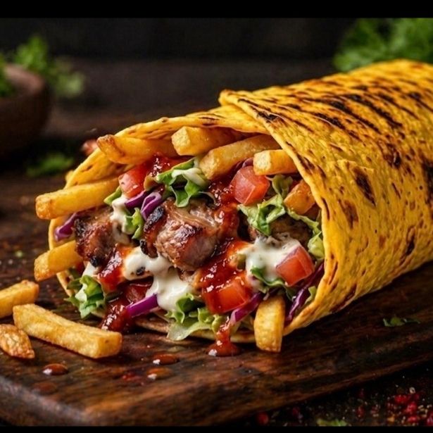 Шаурма со свининой и картофелем фри в сырном лаваше