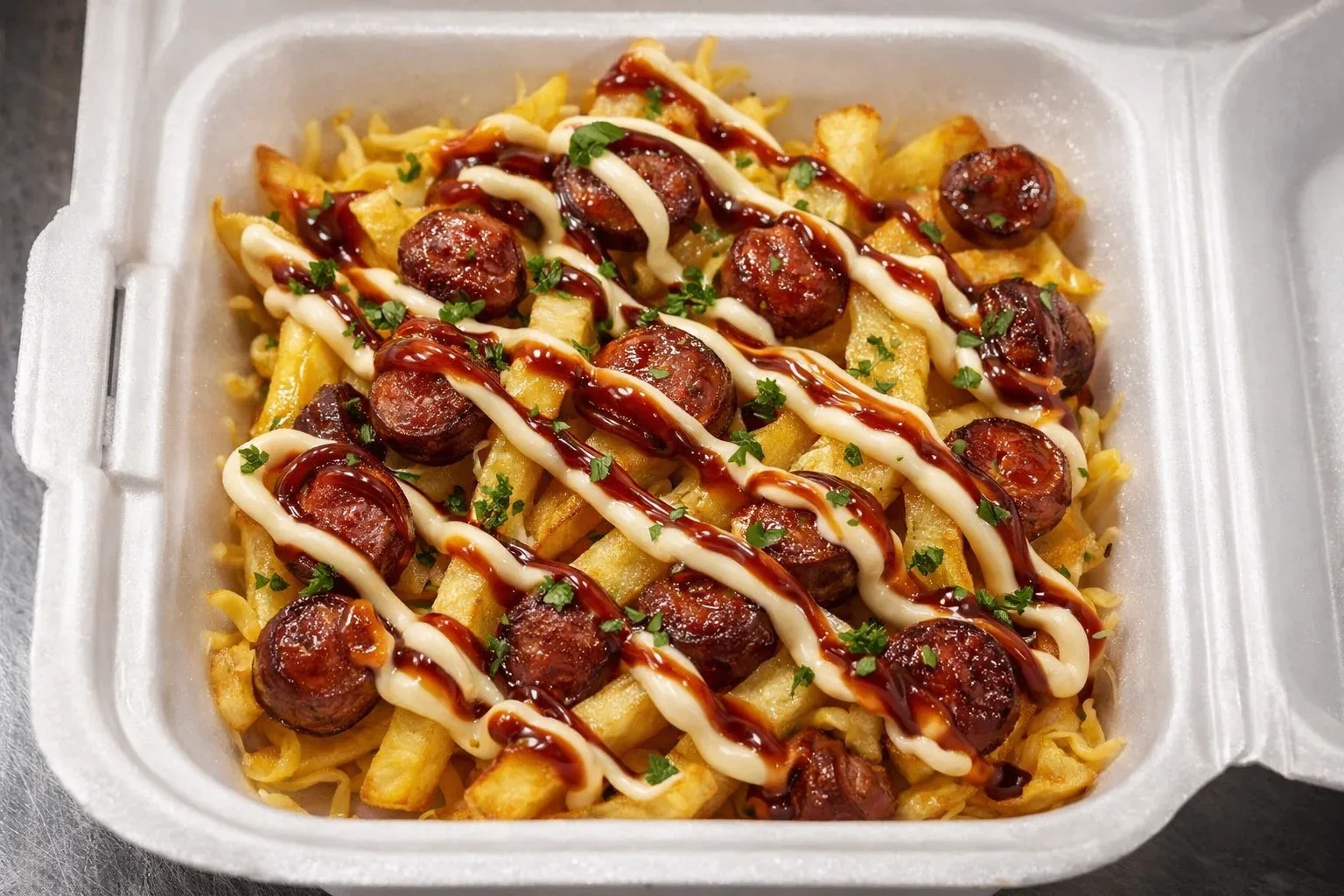 Фри-бокс с охотничьими колбасками