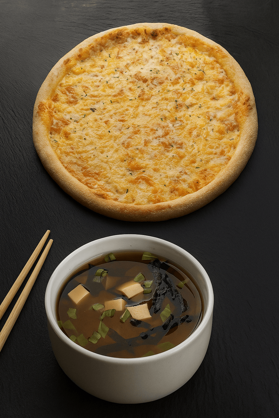 Мисо суп с лососем и пицца Сырная 25см