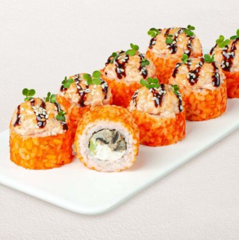 Шеф ролл с угрем и лососем запеченный ролл