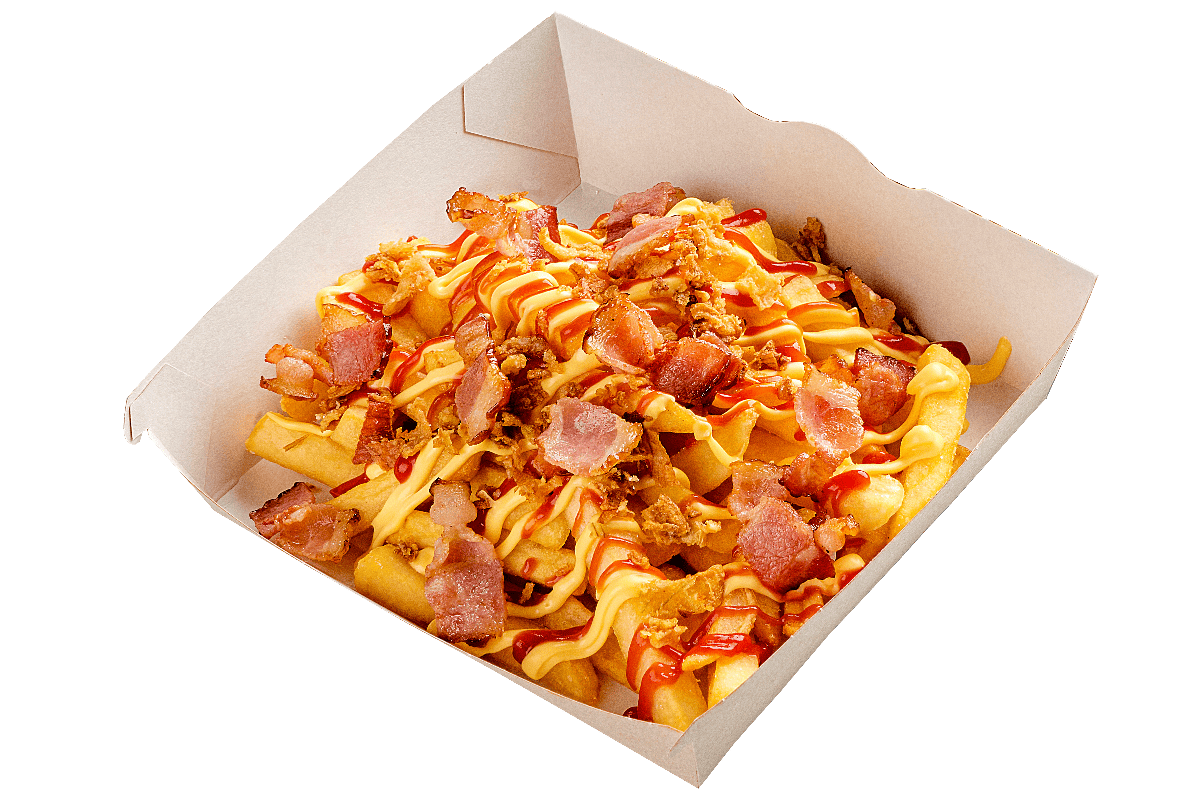 Картофель фри с беконом и луком фри