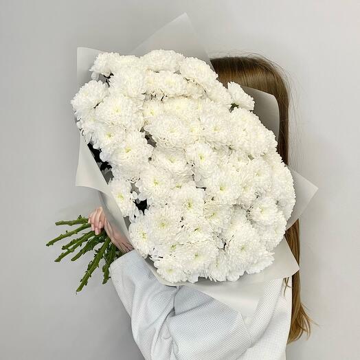 Молочный туман Букет из белых махровых хризантем 15шт