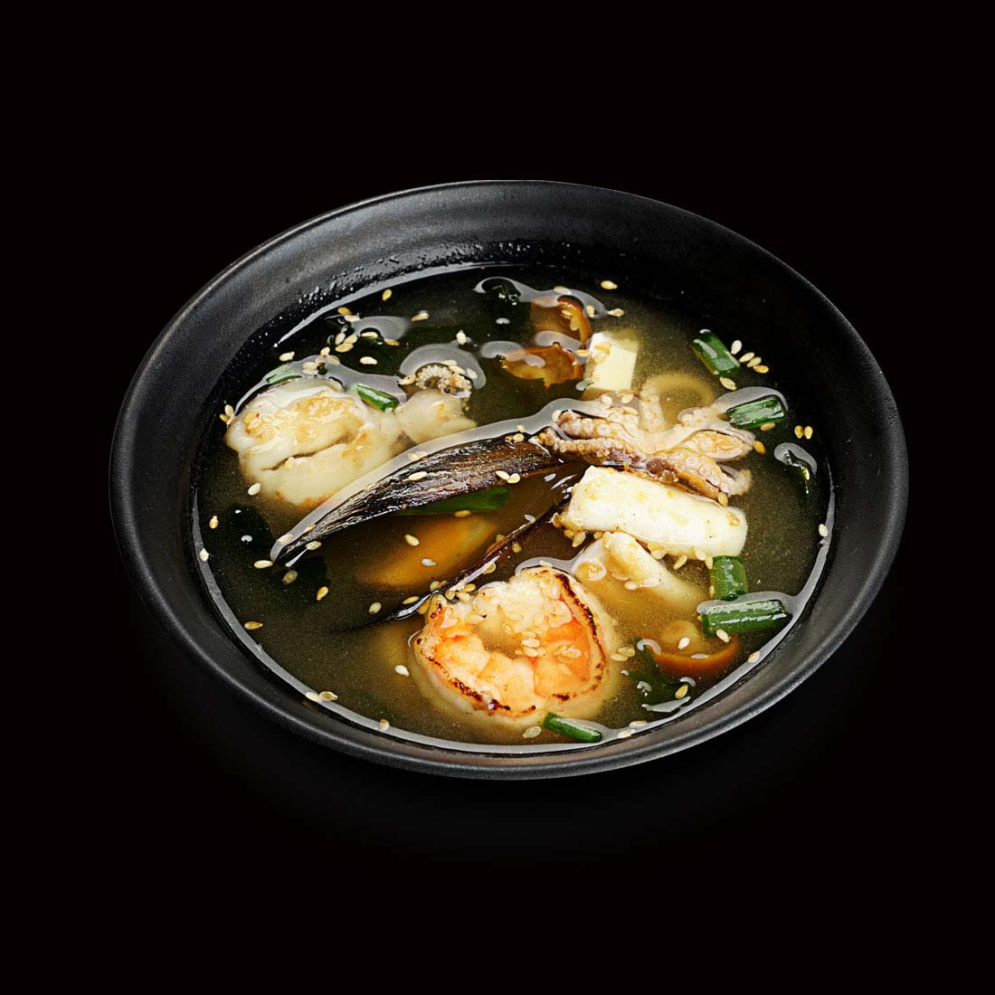 Мисо с тигровыми креветками и грибами