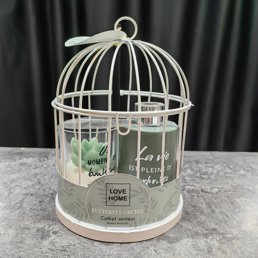 Подарочный набор в клетке диффузор и свеча, фаленопсис (код 3000)