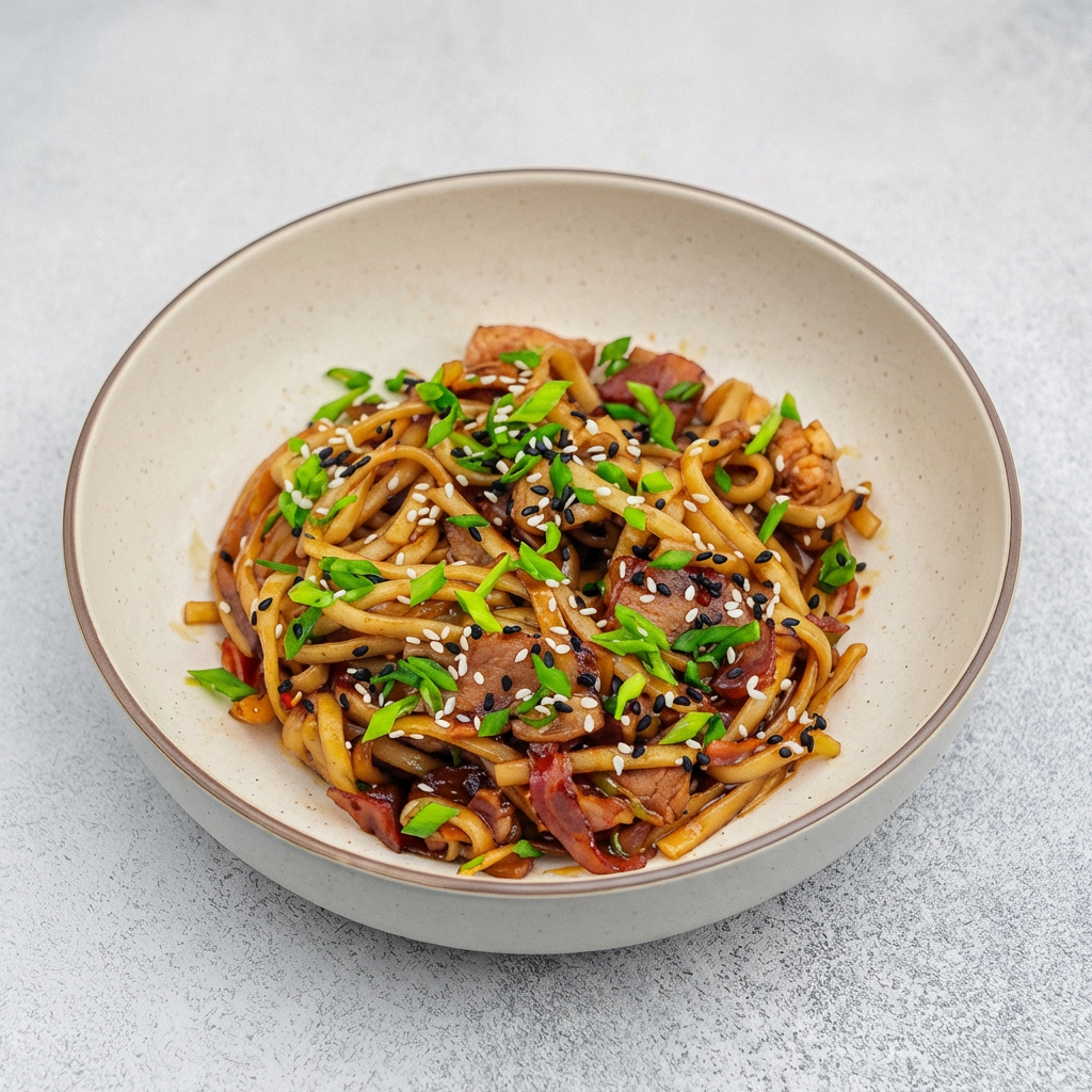 Удон с беконом и курицей