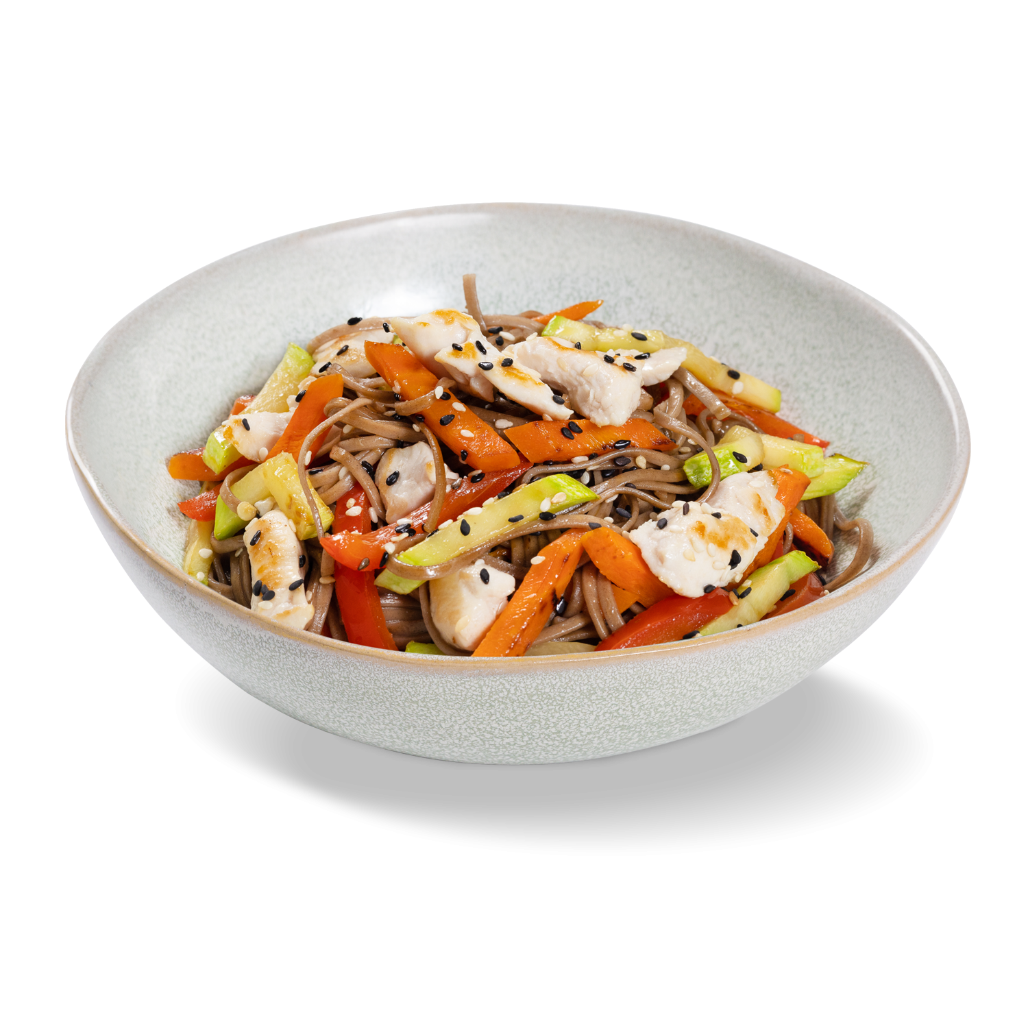 Лапша гречневая с курицей и овощами с соусом терияки