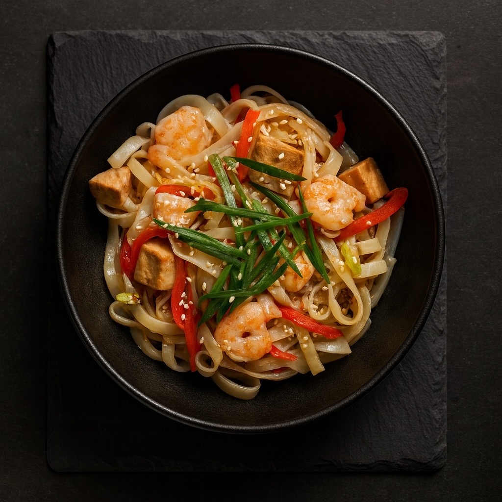 Удон с лососем и креветками