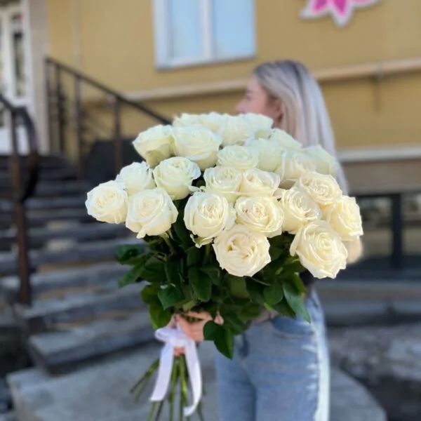 Букет из 25 белых-пионовидных сортовых роз 60 см на атласной ленте