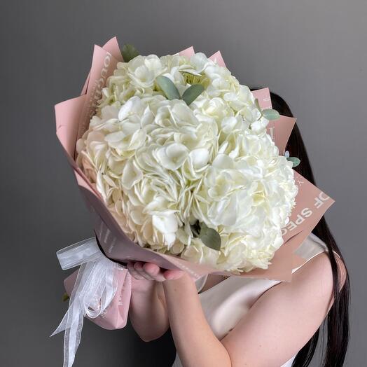 Букет из белой гортензии с эвкалиптом