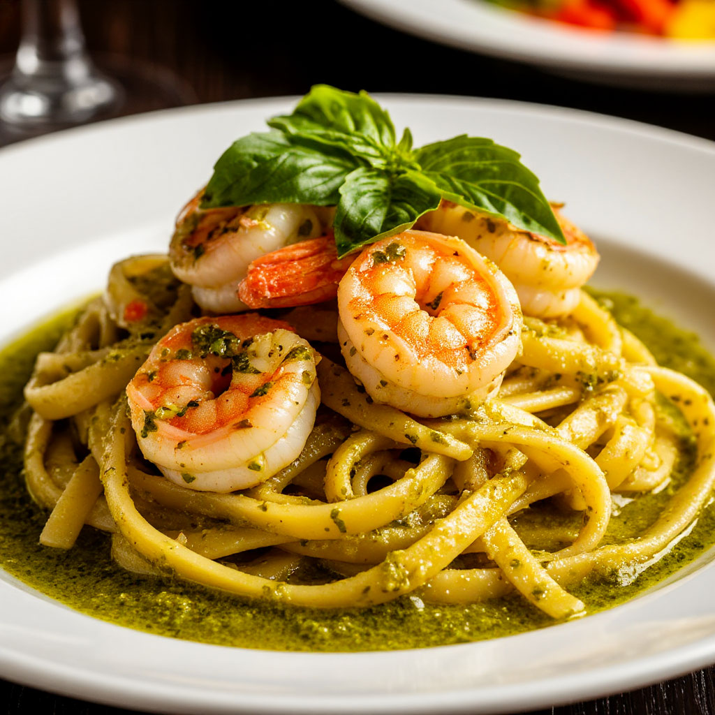 Фетучини с креветками и песто