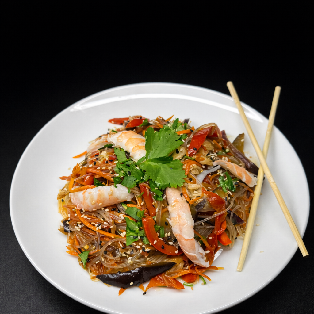 Фунчоза с креветками и овощами