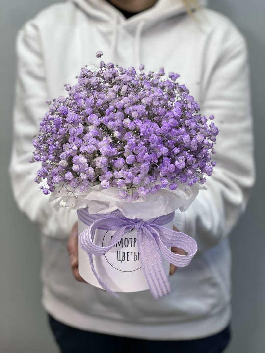 Сиреневая гипсофила в шляпной коробке