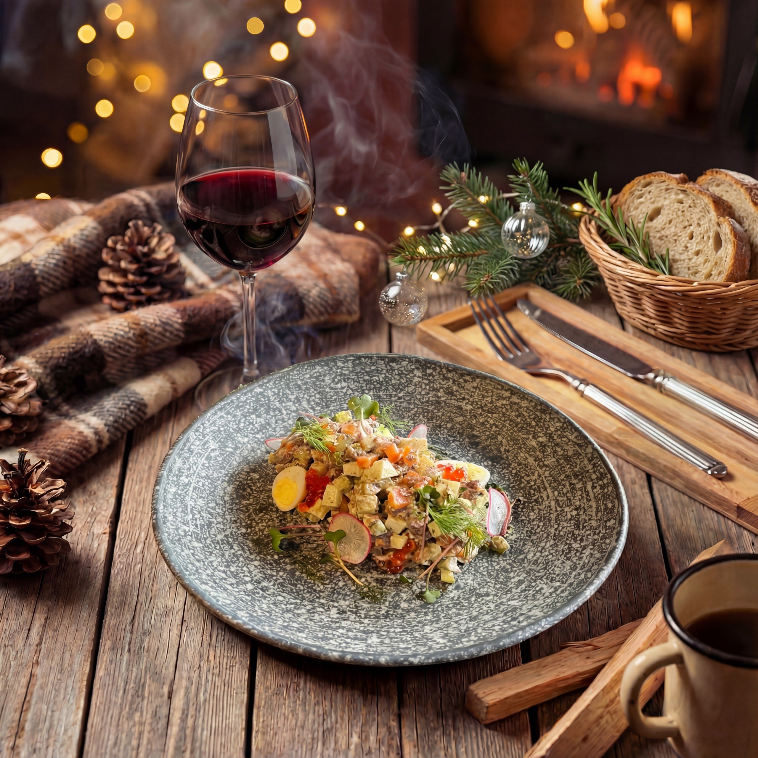 Оливье из рваной говядины с огурцами Бурбон