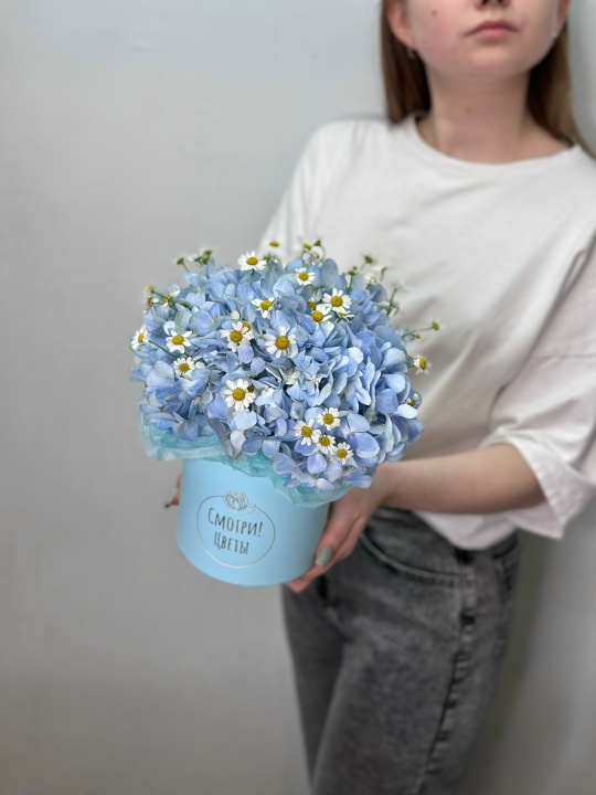 Коробочка с голубой гортензией и ромашками