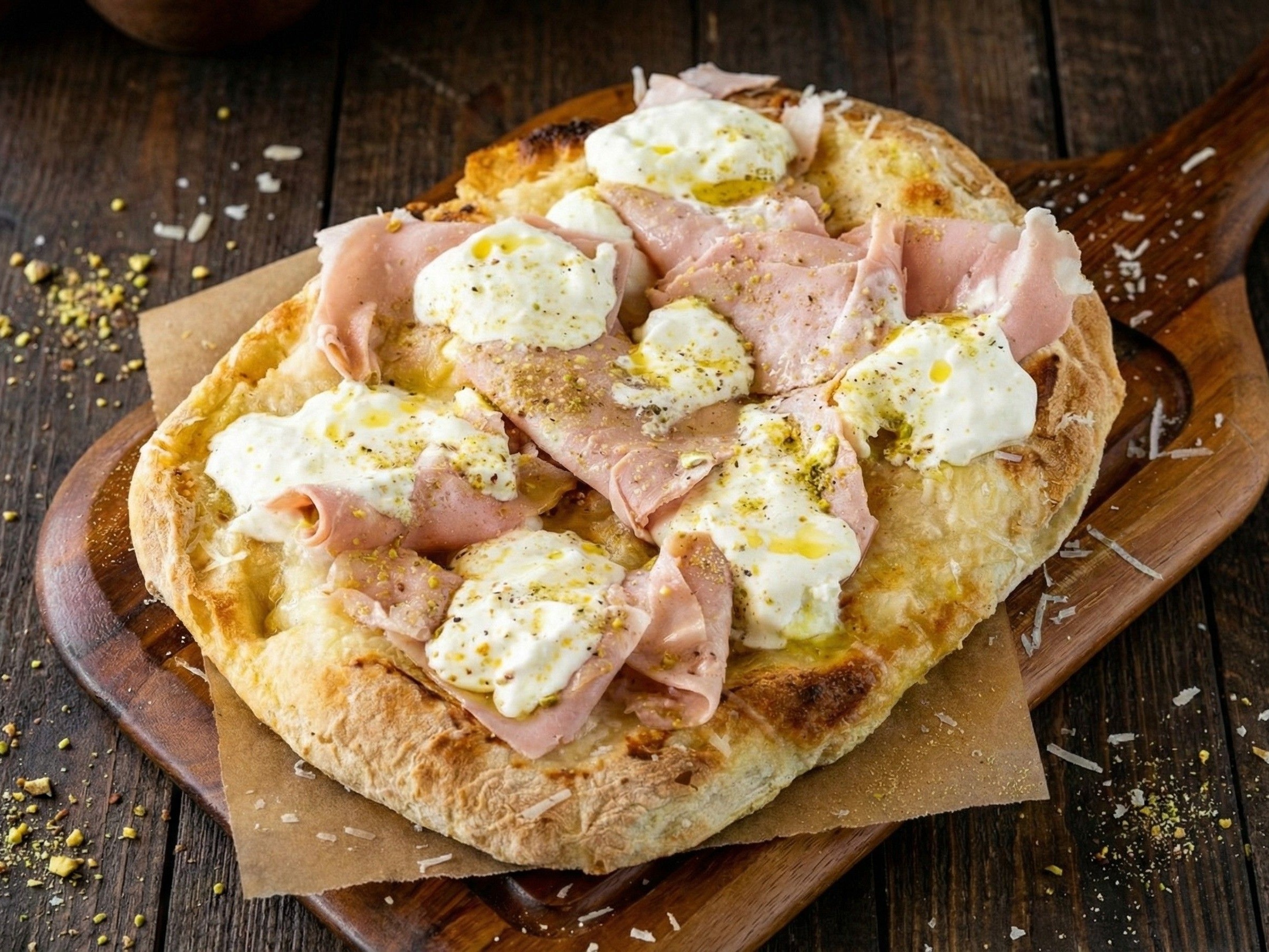 Римская пицца с мортаделлой (мортаделла, фисташки, рикотта, моцарелла)