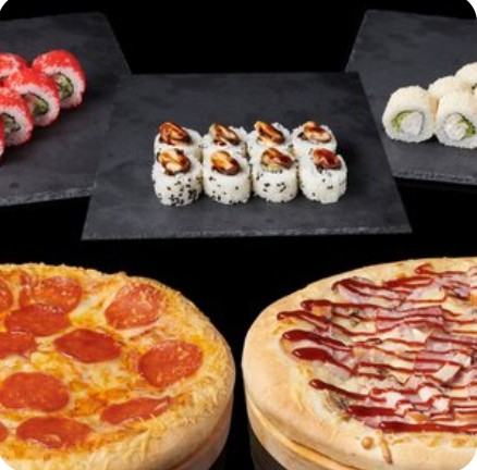 Две пиццы и три ролла