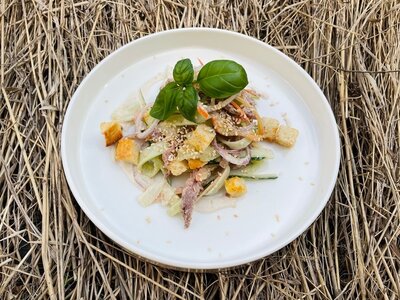 Салат с говядиной и овощами в нежном соусе из тунца