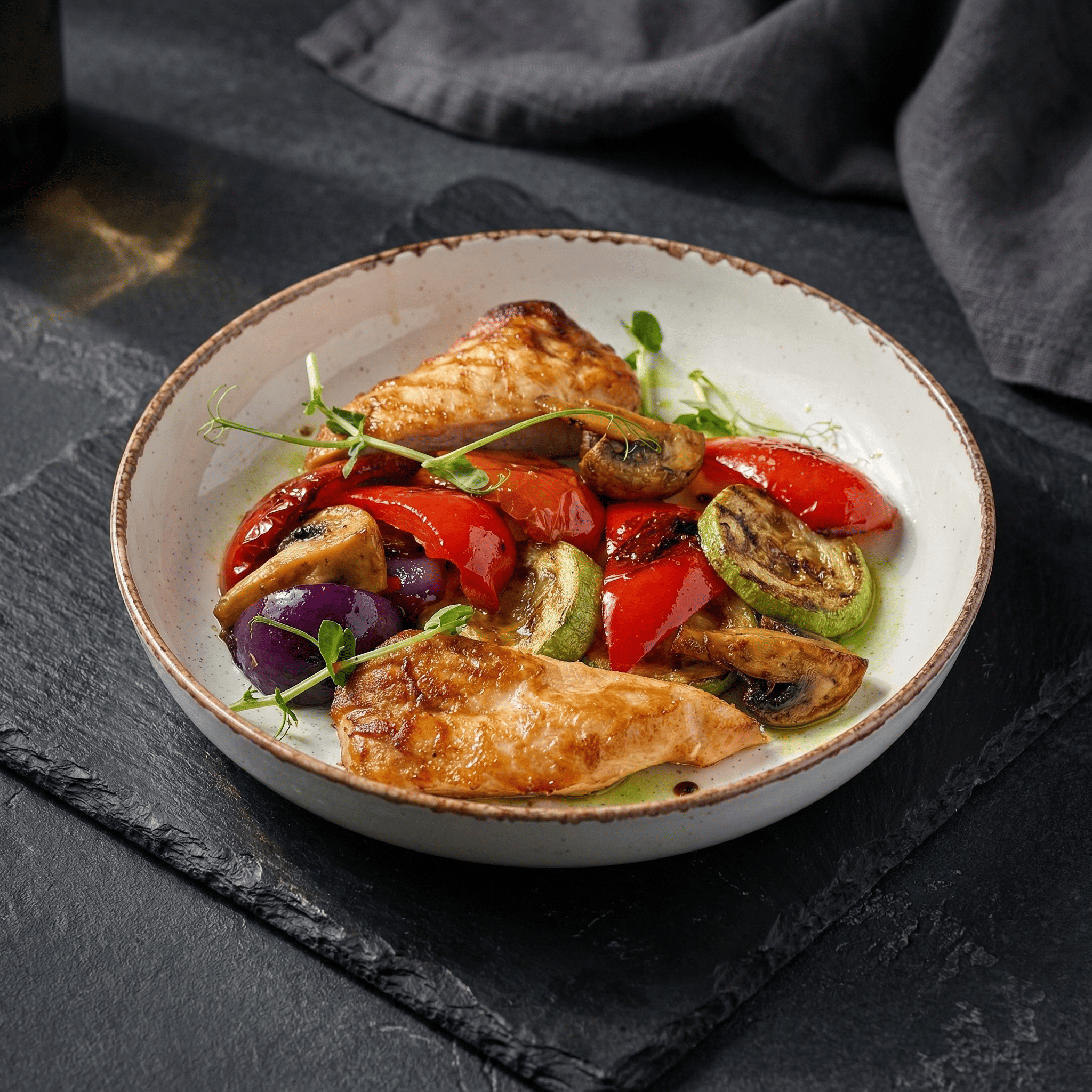 КУРИНОЕ ФИЛЕ С ОВОЩАМИ ГРИЛЬ И СОУСОМ ПЕСТО