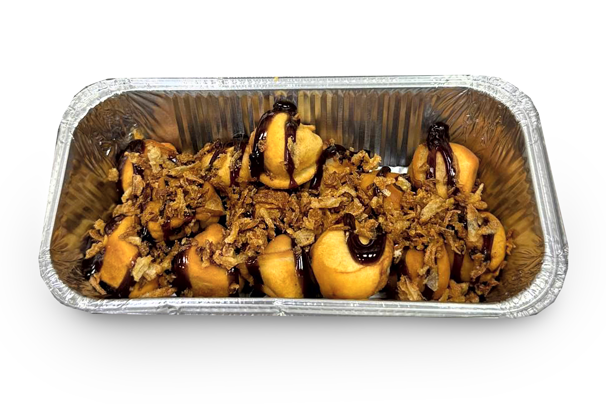 Пельмени с соусом  BBQ и луком фри