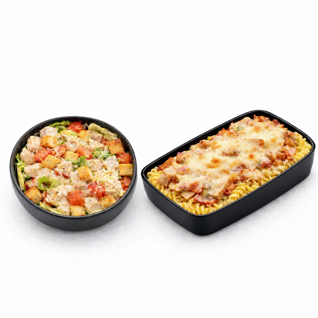 Салат Цезарь и паста Карбонара