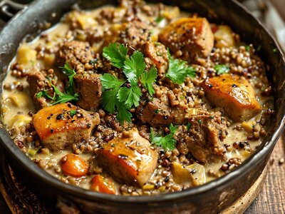 Куриная печень в слив. соусе с гречкой