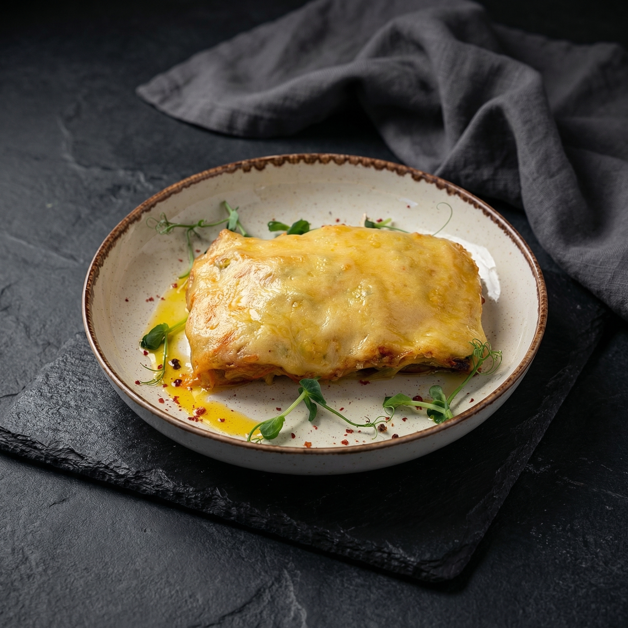 ТОМЛЁНАЯ СВИНАЯ ШЕЯ С ОВОЩНЫМ СОУСОМ ПОД СЛИВОЧНЫМ СЫРОМ