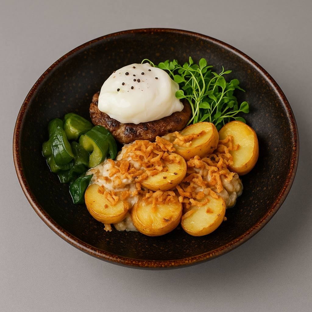 Бифштекс с яйцом пашот и молодым картофелем