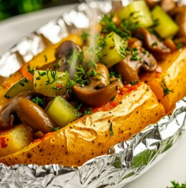 Запеченная картошка с опятами и корнишонами