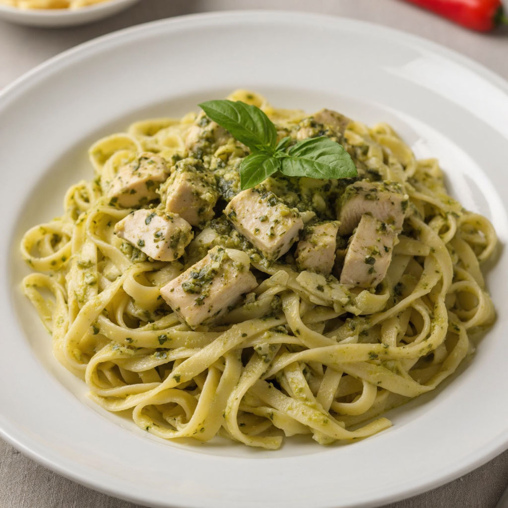 Фетучини с курицей в соусе песто