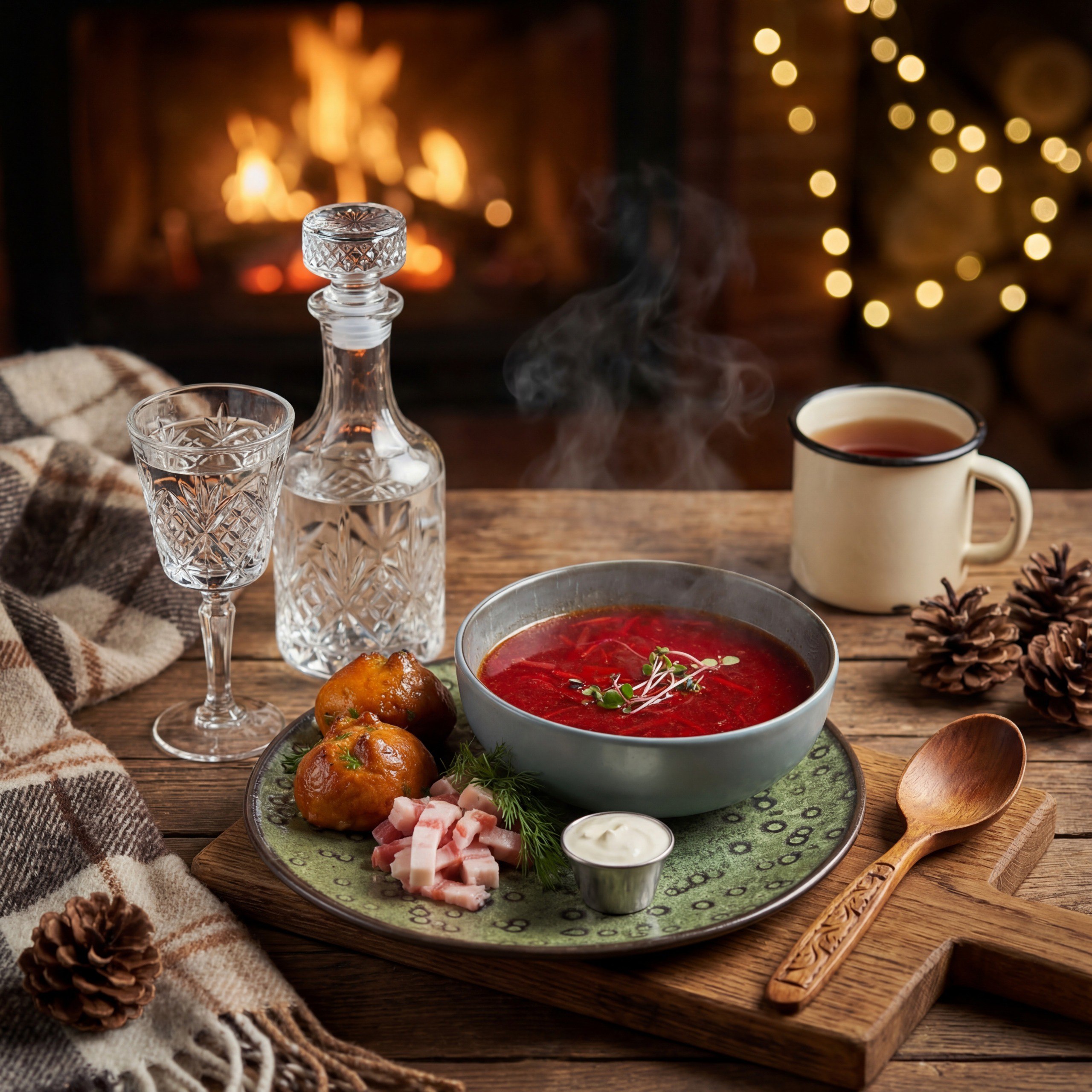 Борщ с соленой грудинкой и пампушкой