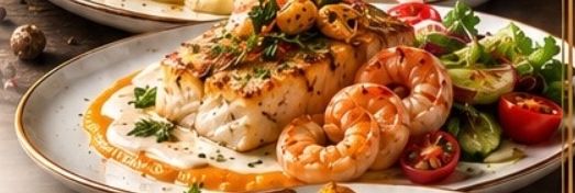 Палтус на тыквеном пюре под сливочным соусом