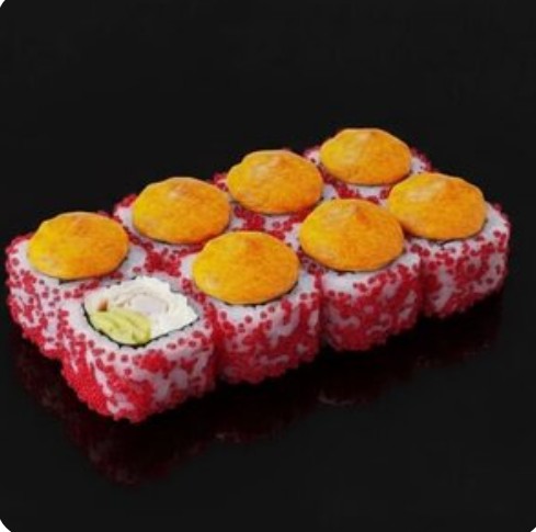 Запеченный ролл Массаго-сыр-краб-авокадо