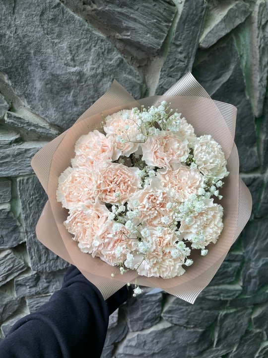 Пастельный букет из 13 диантусов с гипсофилой