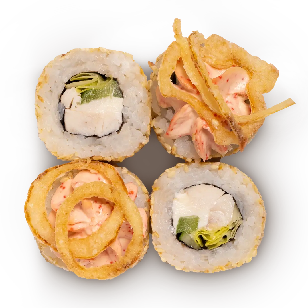 Ролл лава с копченой куриной грудкой. сливочным сыром и луком фри