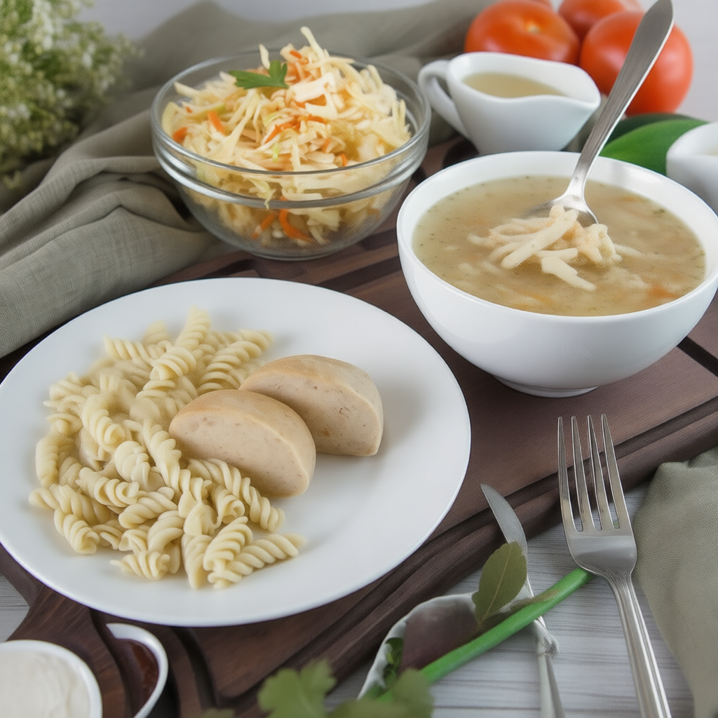 Комбо обед 1: Суп куриный с лапшой, Салат Витаминный, Биточек куриный, Макароны