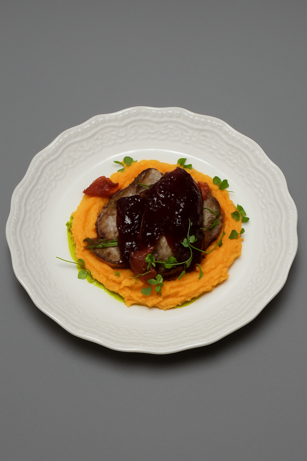 Буженина собственного копчения с морковным пюре и брусничным соусом