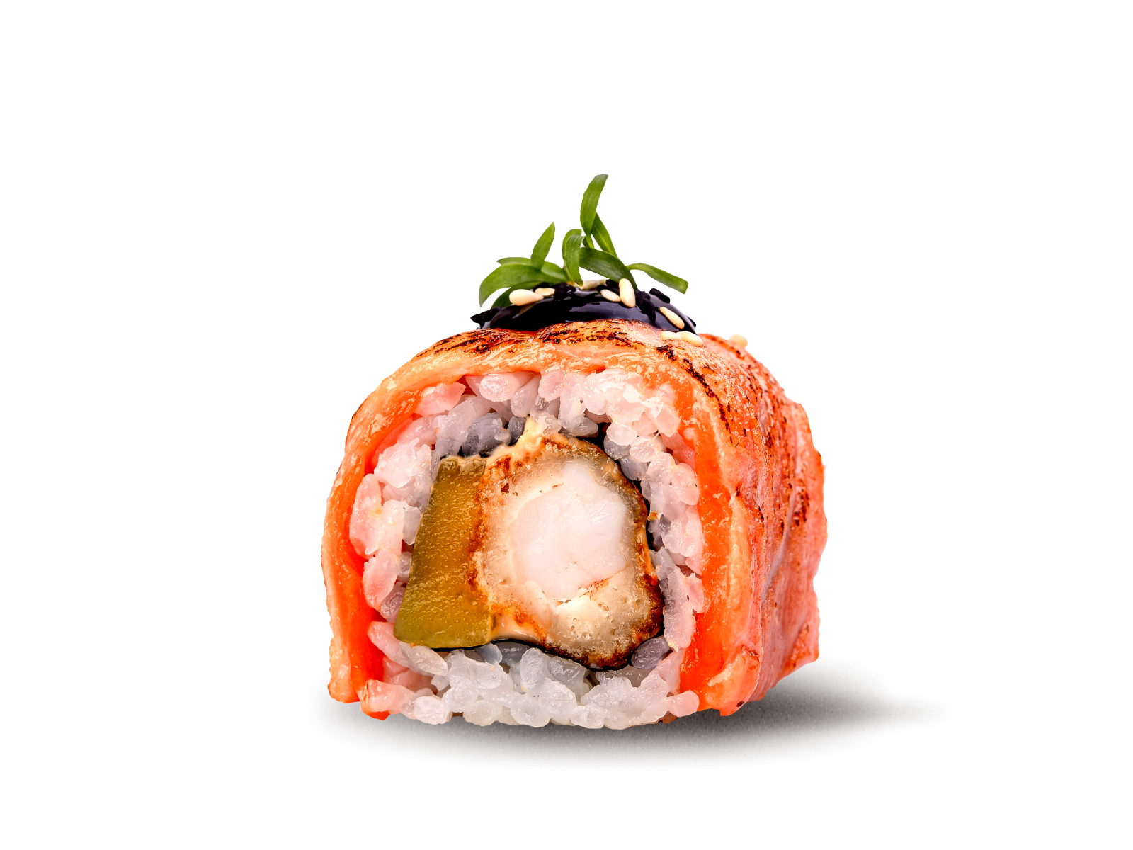 Ролл с опаленным лососем и креветкой в темпуре